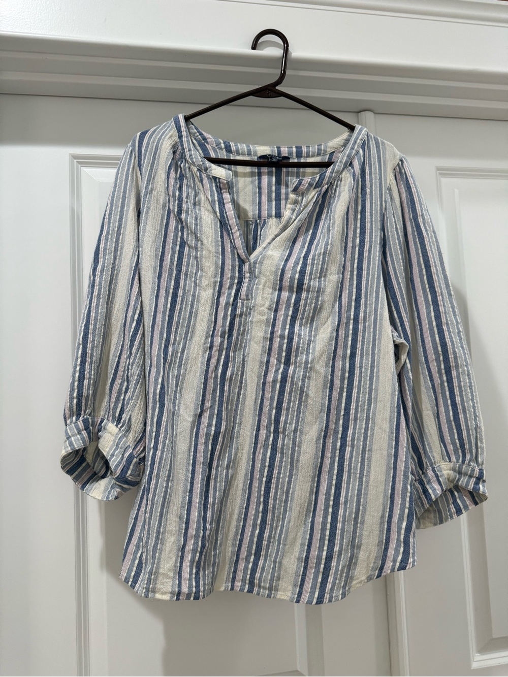 Chaps Striped V-Neck Tunic in Blue/White/purple Hues | 1X